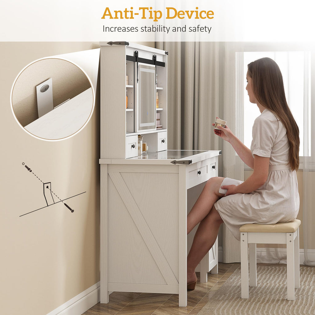 White Vanity Desk with Mirror, LED Lights, Stool J175