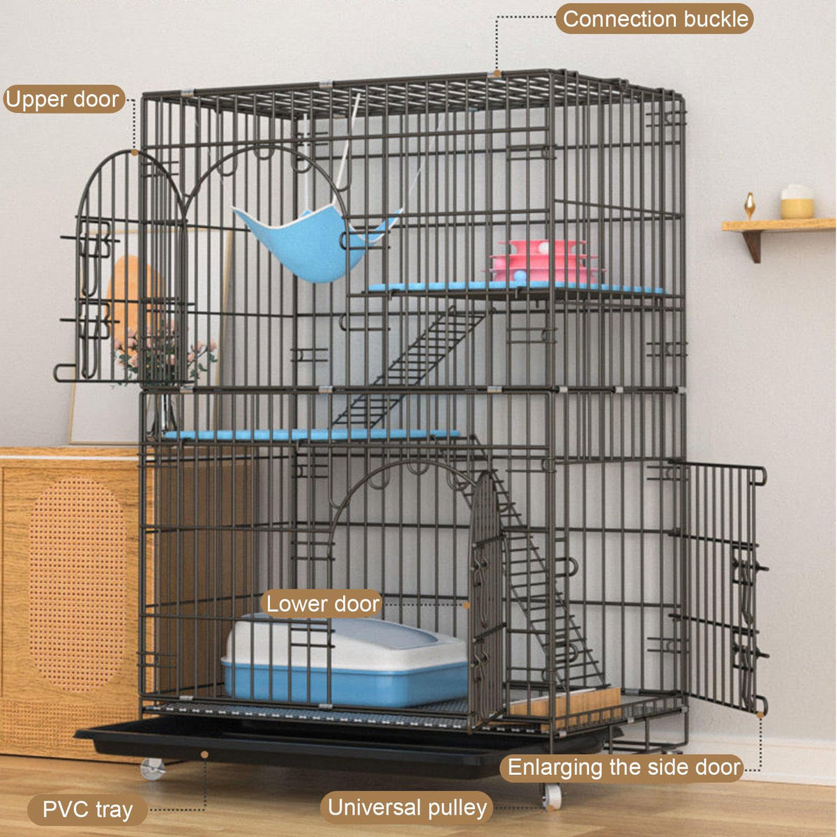 Collapsible Metal Wire Cat Cage with Wheels F900128