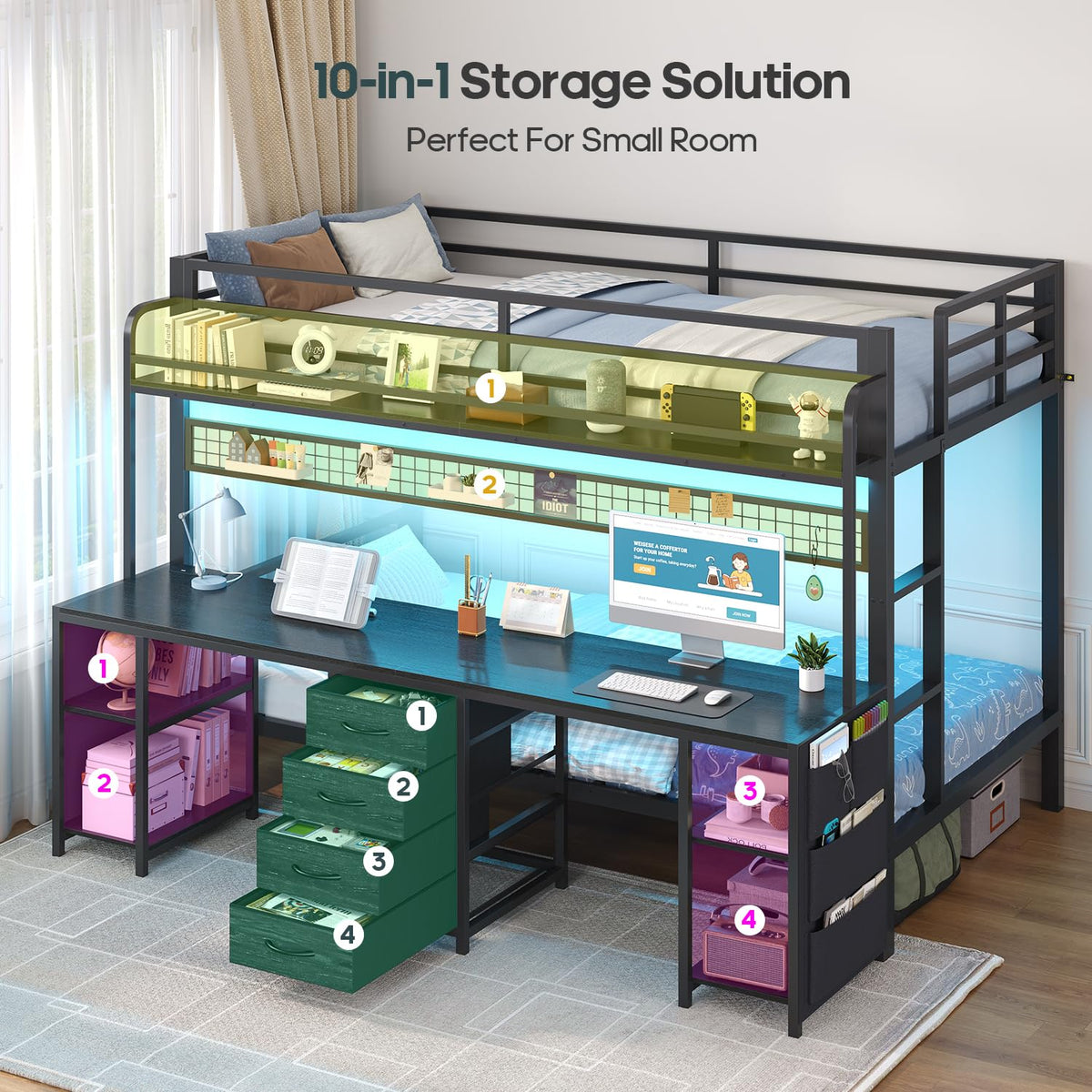 Twin Over Twin Bunk Bed with Desk and LED Lights Q902834