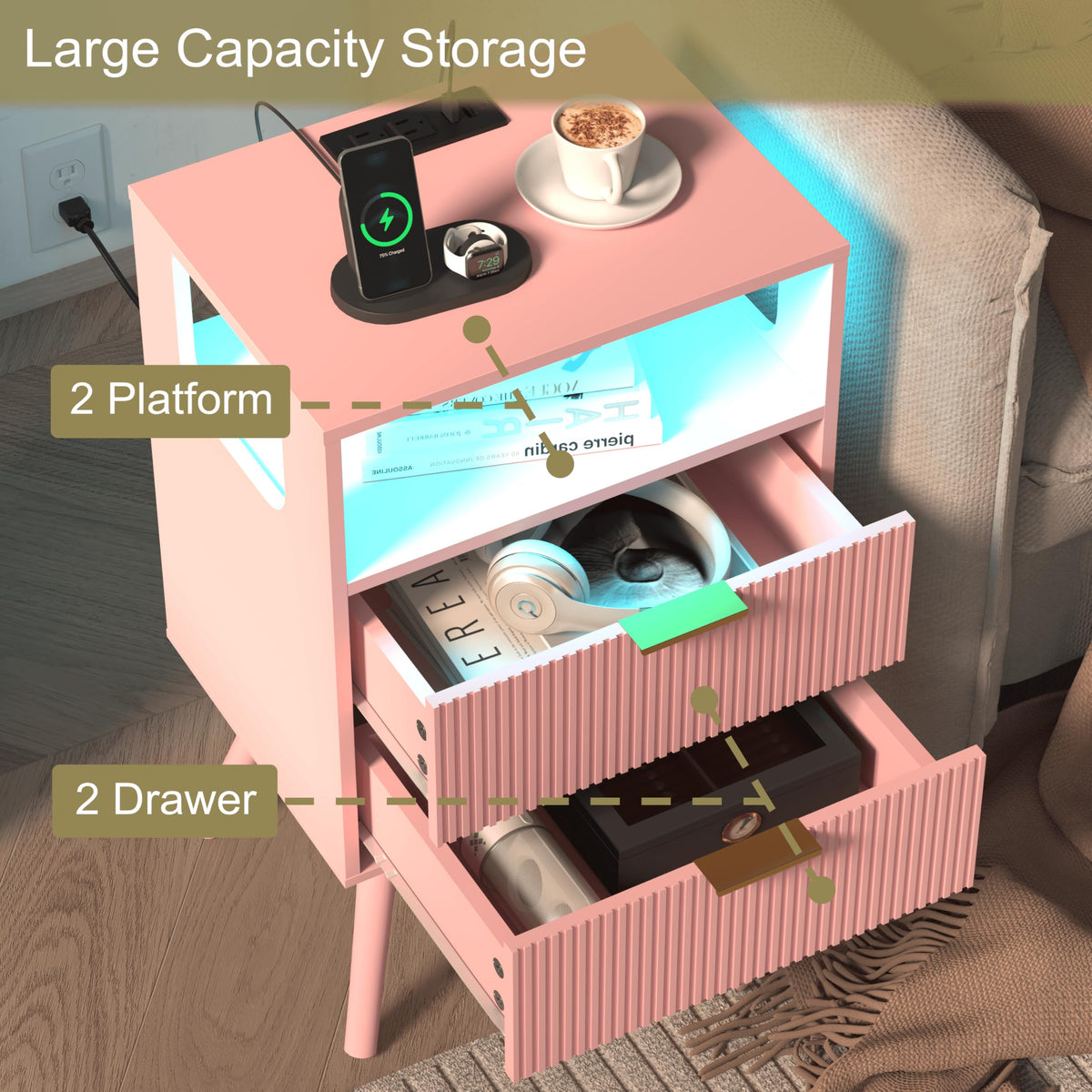 Pink Nightstand with Charging Station and LED Lights H364361