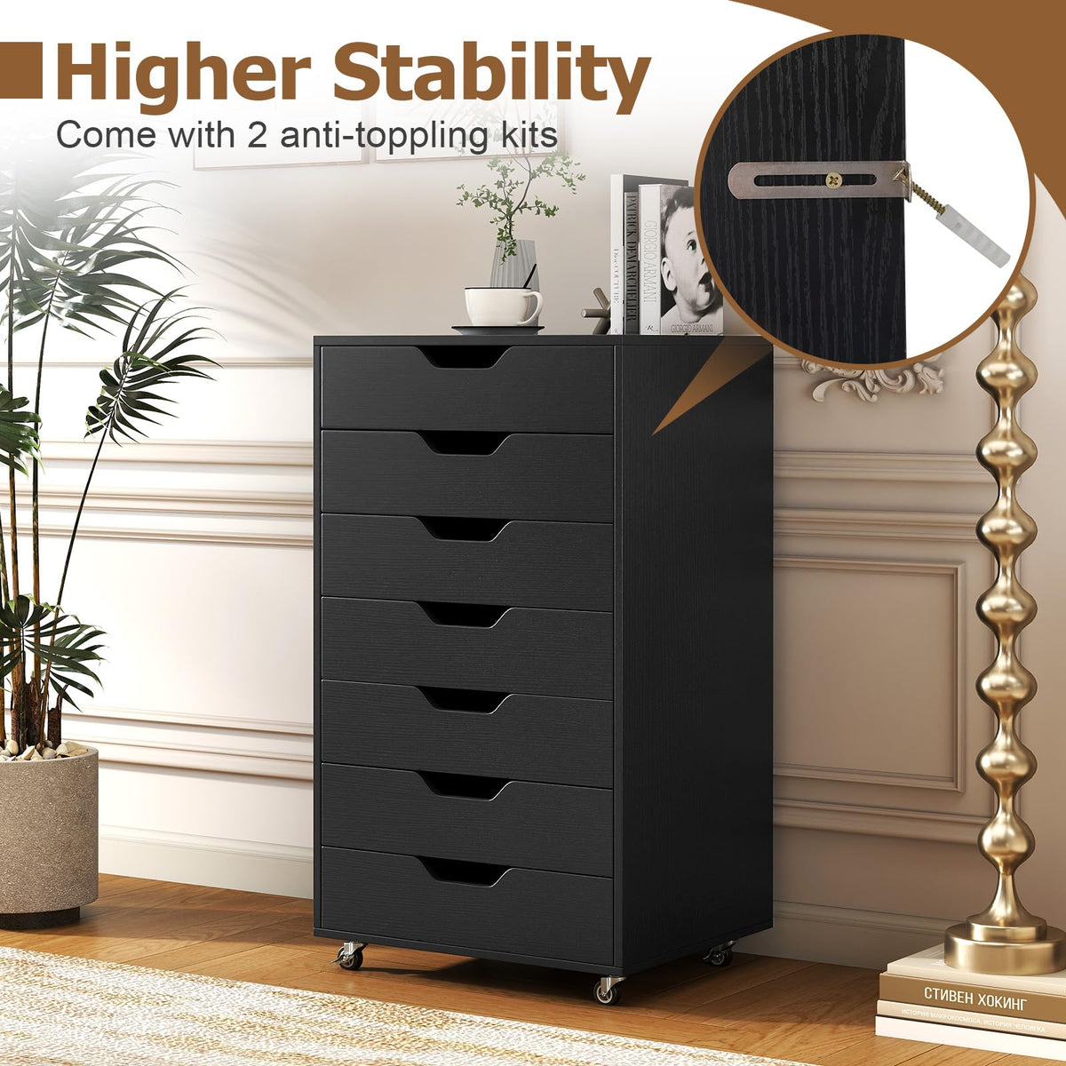 7 Drawer Wooden Storage Cabinet with Casters S927