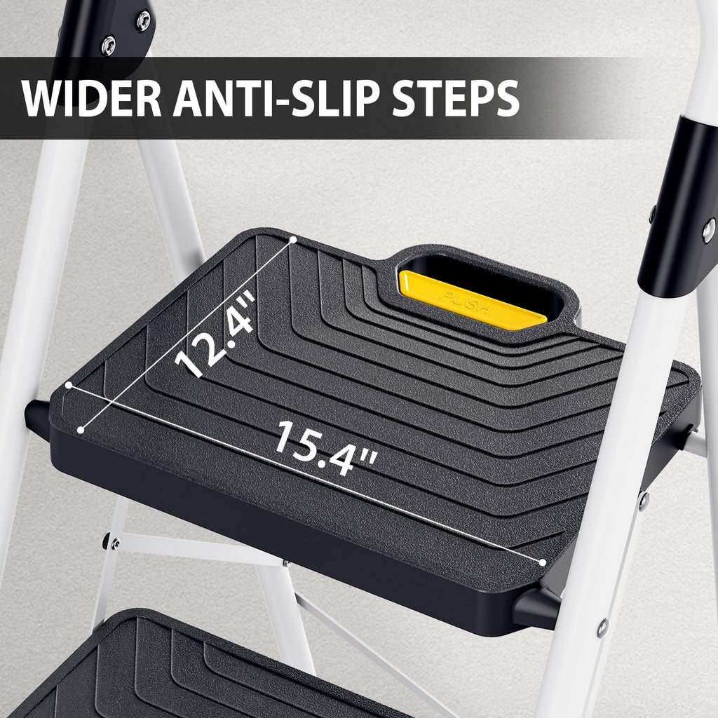 2 Step White Folding Ladder with Anti-Slip Pedals V37132