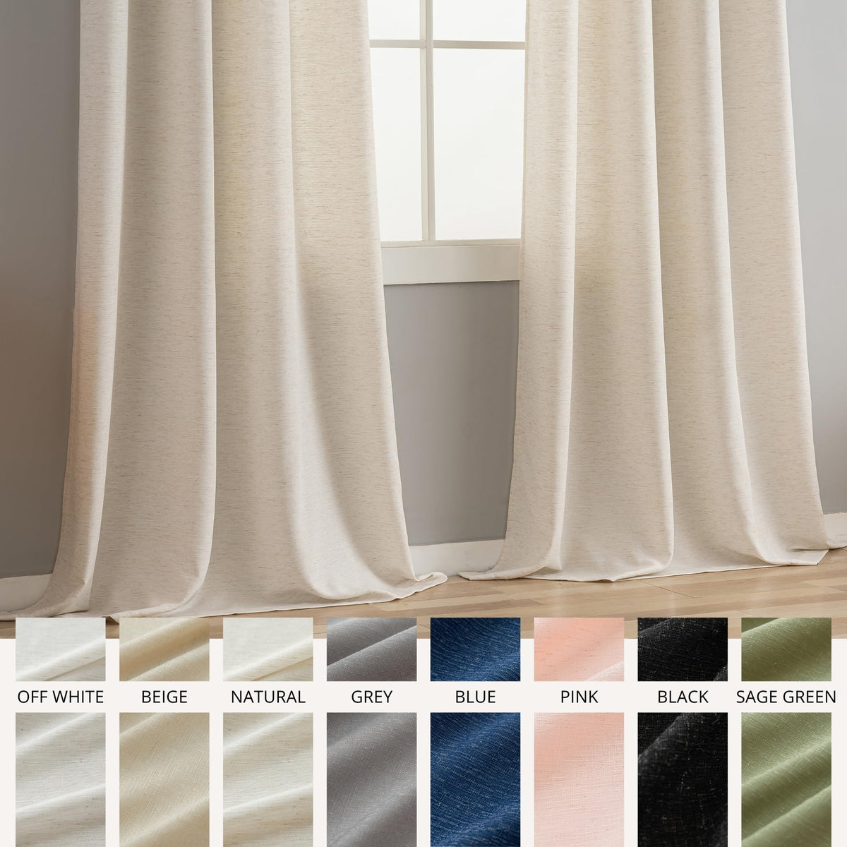 Natural Linen Curtains 90 Inches Long 2 Panels Black Grommets Z900