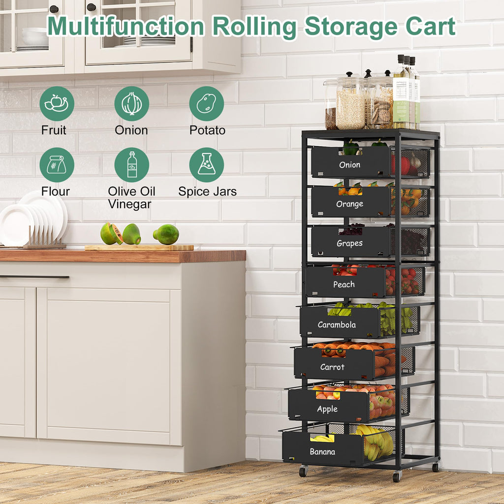 Black 8 Drawer Metal Rolling Storage Cart with Wood Tabletop E5583