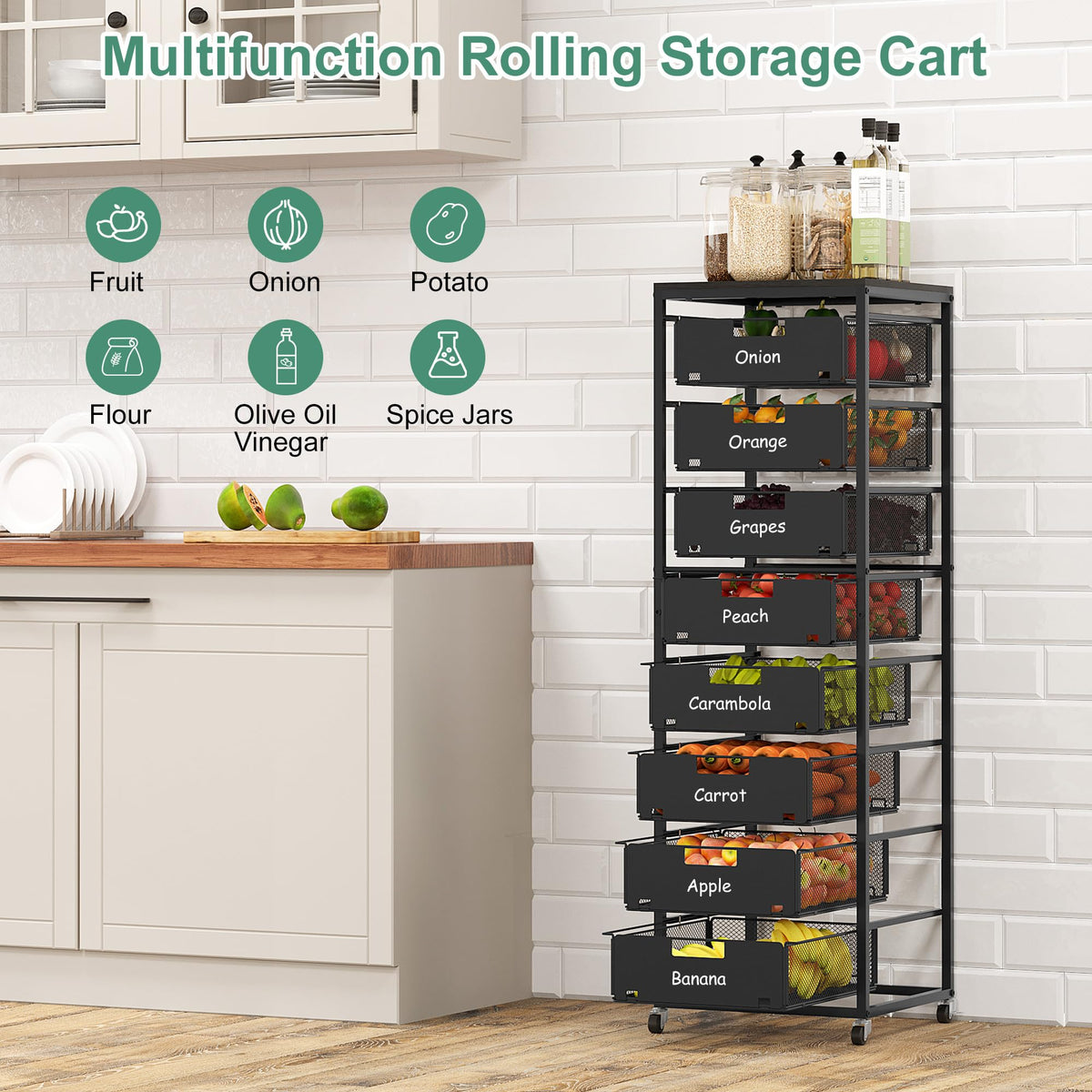 Black 8 Drawer Metal Rolling Storage Cart with Wood Tabletop E5583