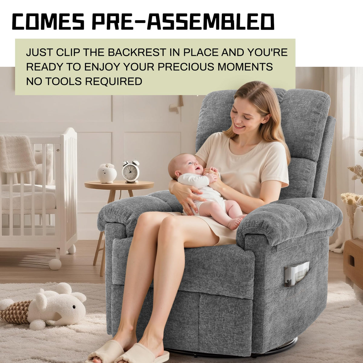 Grey Chenille Swivel Rocker Recliner Chair Z19009