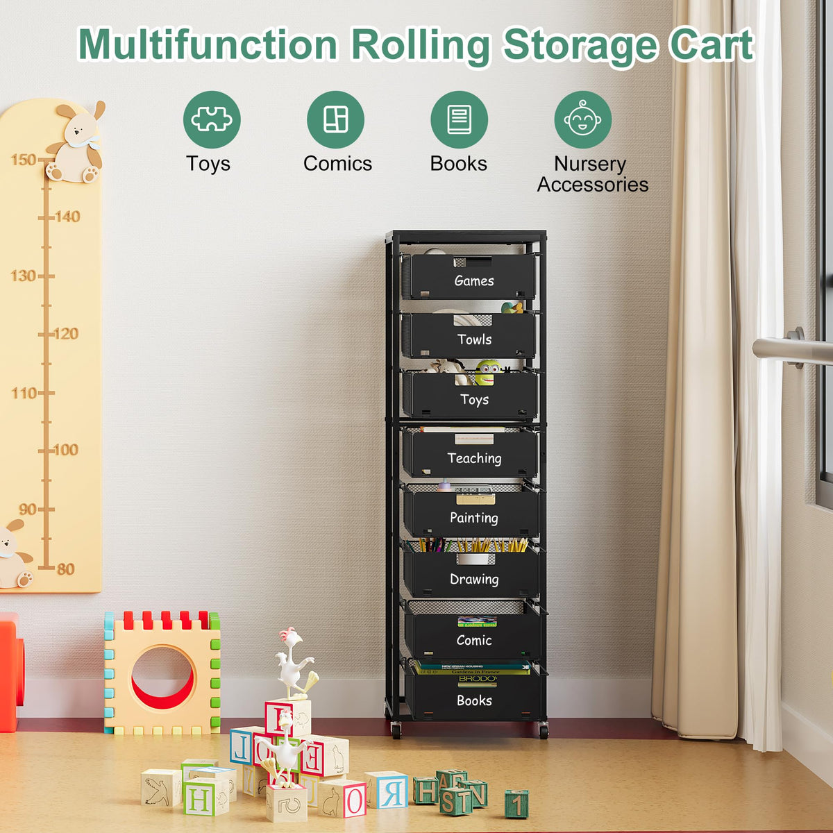 Black 8 Drawer Metal Rolling Storage Cart with Wood Tabletop E5583
