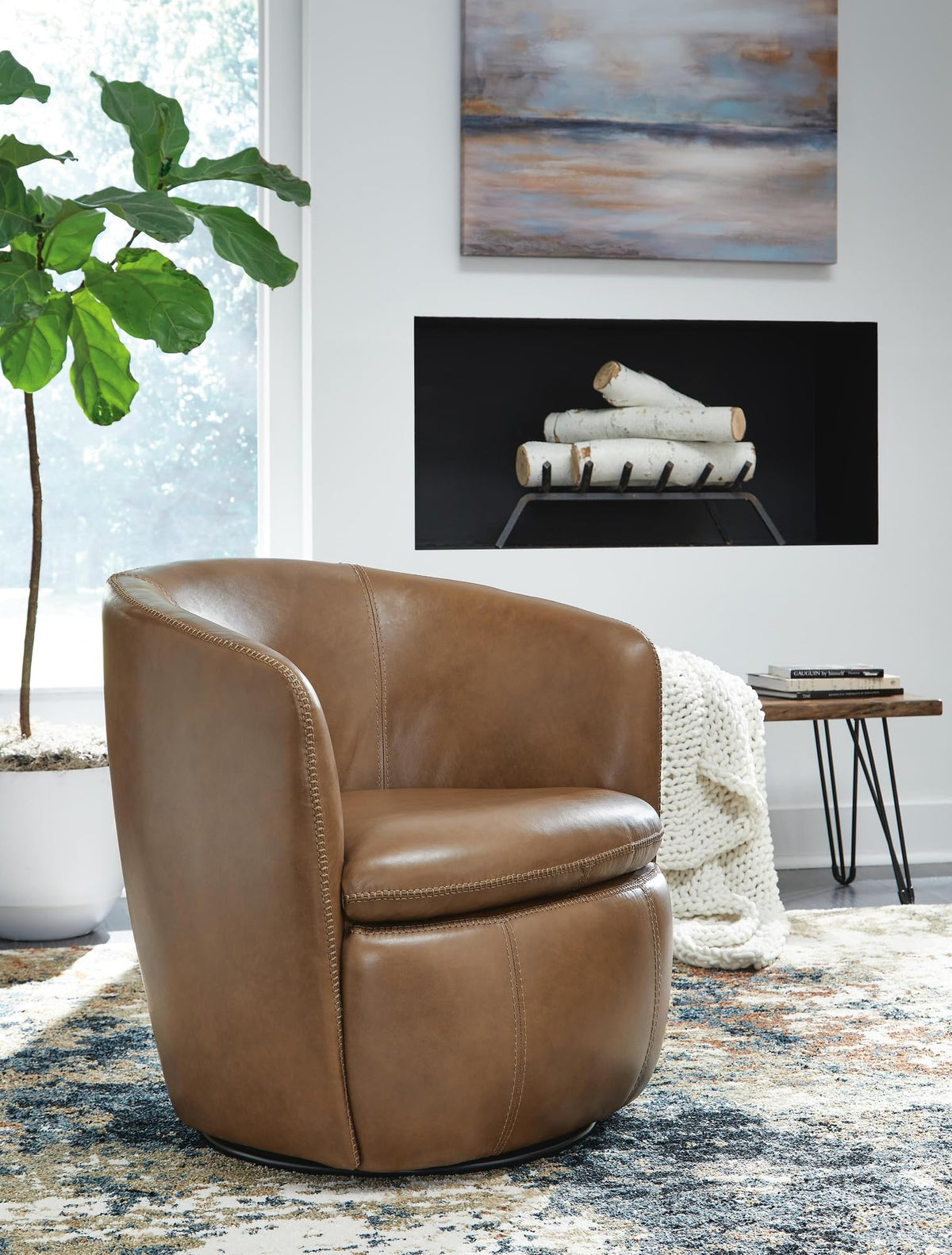 Top Grain Leather Swivel Barrel Chair P398330