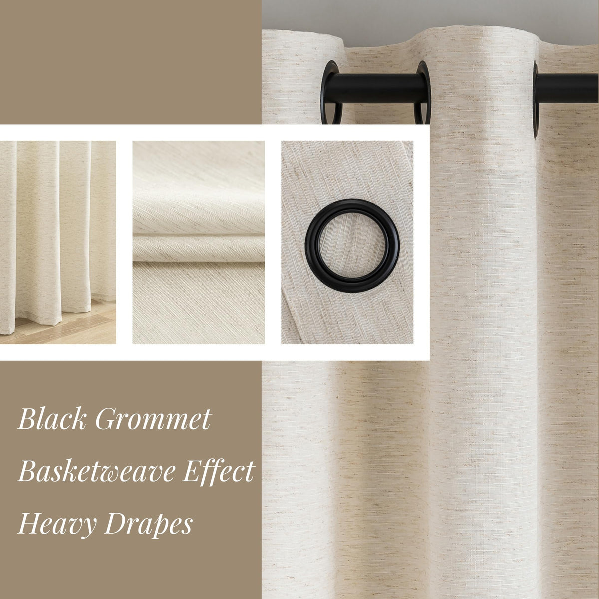 Natural Linen Curtains 90 Inches Long 2 Panels Black Grommets Z900