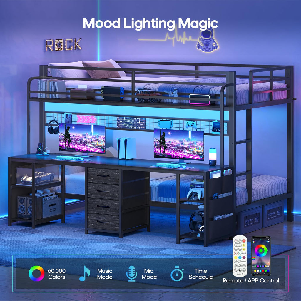 Twin Over Twin Bunk Bed with Desk and LED Lights Q902834