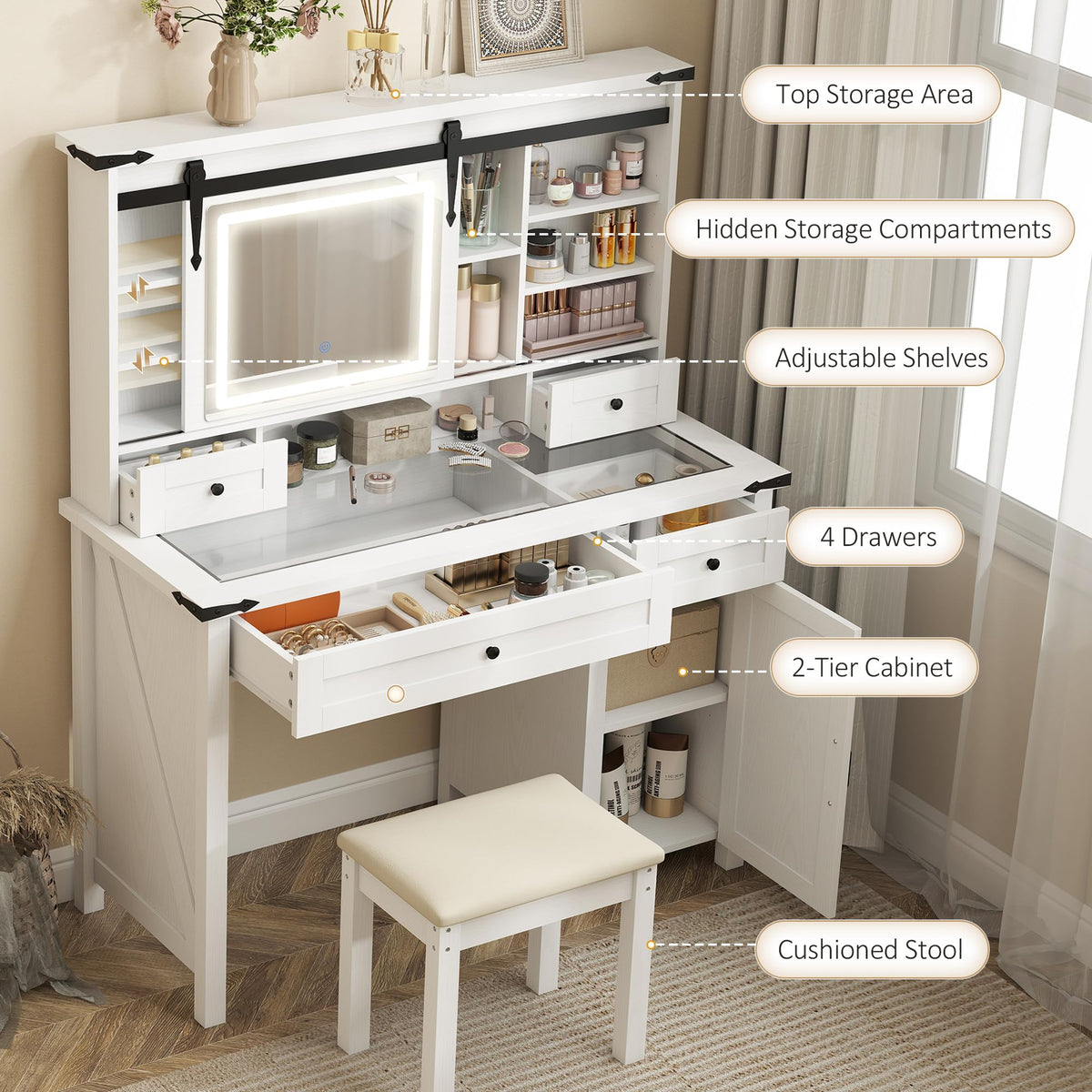 White Vanity Desk with Mirror, LED Lights, Stool J175