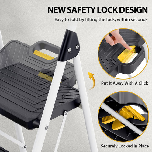 2 Step White Folding Ladder with Anti-Slip Pedals V37132