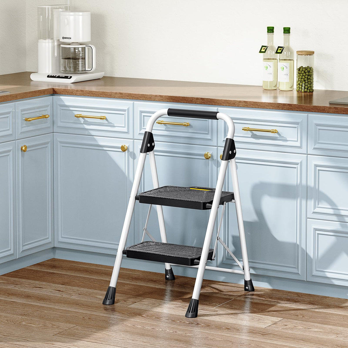 2 Step White Folding Ladder with Anti-Slip Pedals V37132