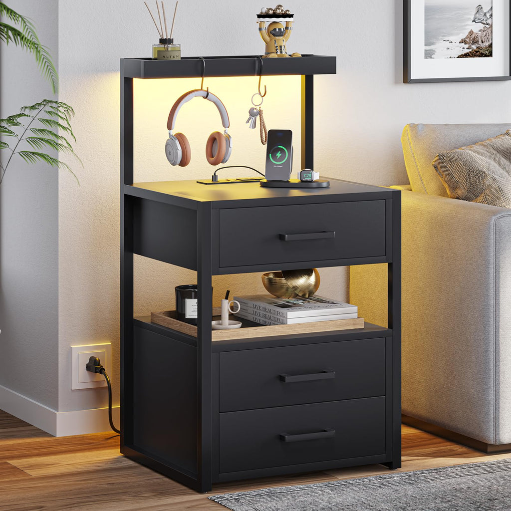 Black 3 Drawer Nightstand with Charging Station X397