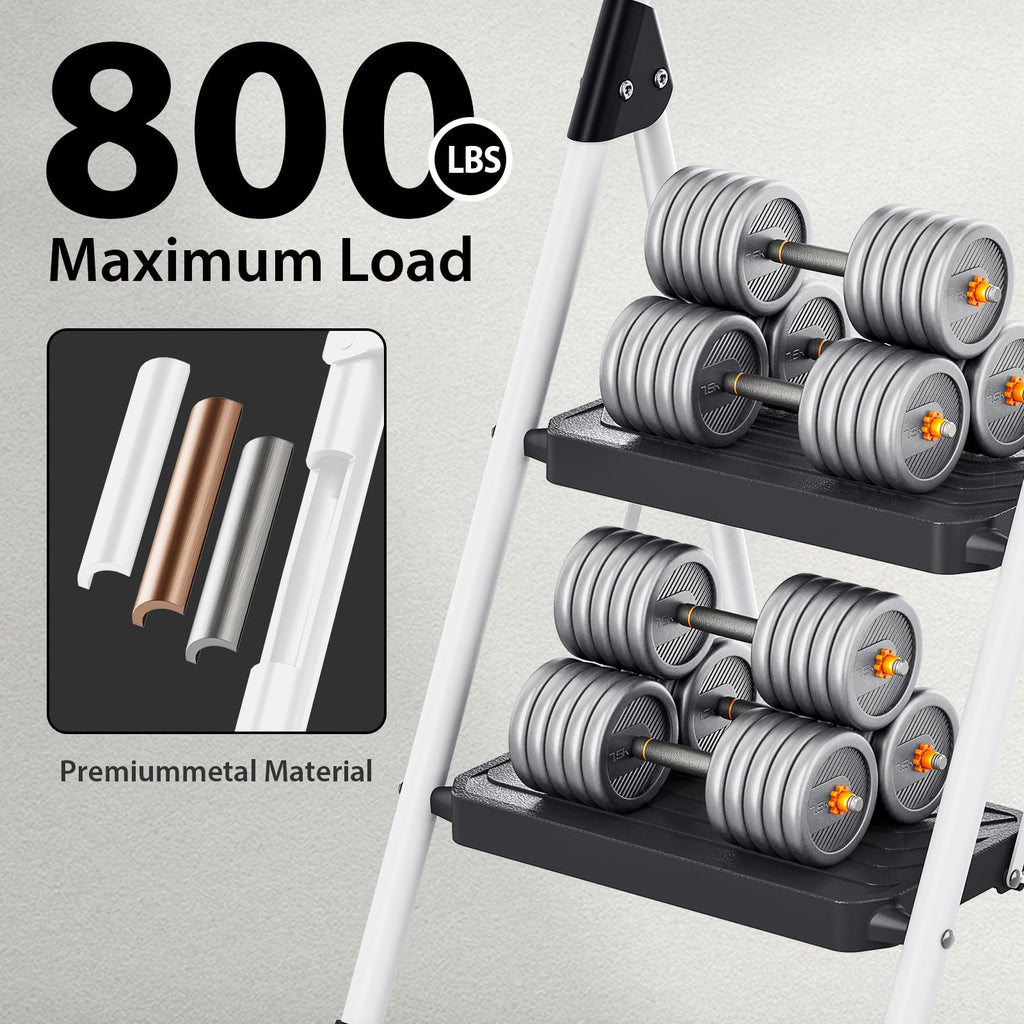 2 Step White Folding Ladder with Anti-Slip Pedals V37132