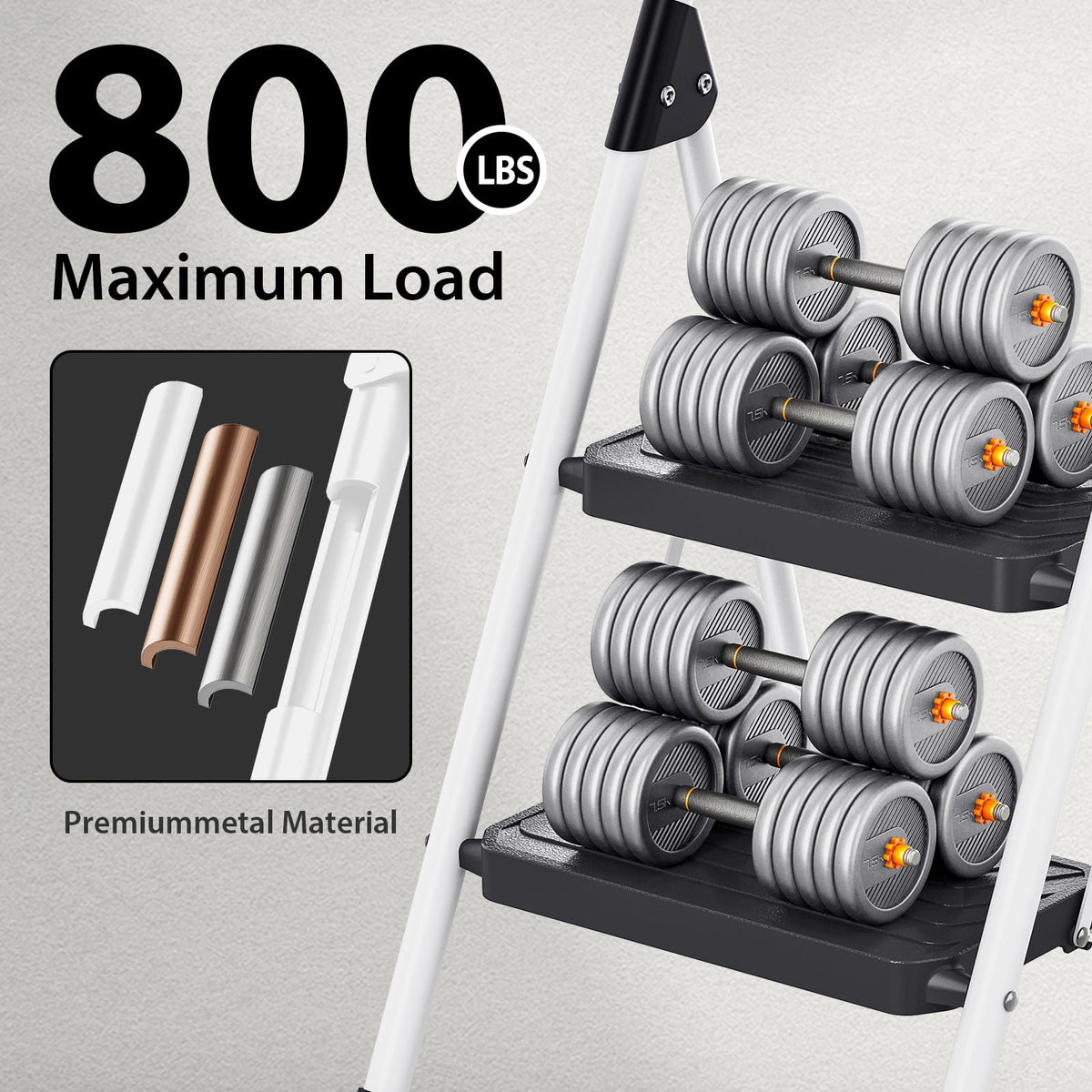 2 Step White Folding Ladder with Anti-Slip Pedals V37132