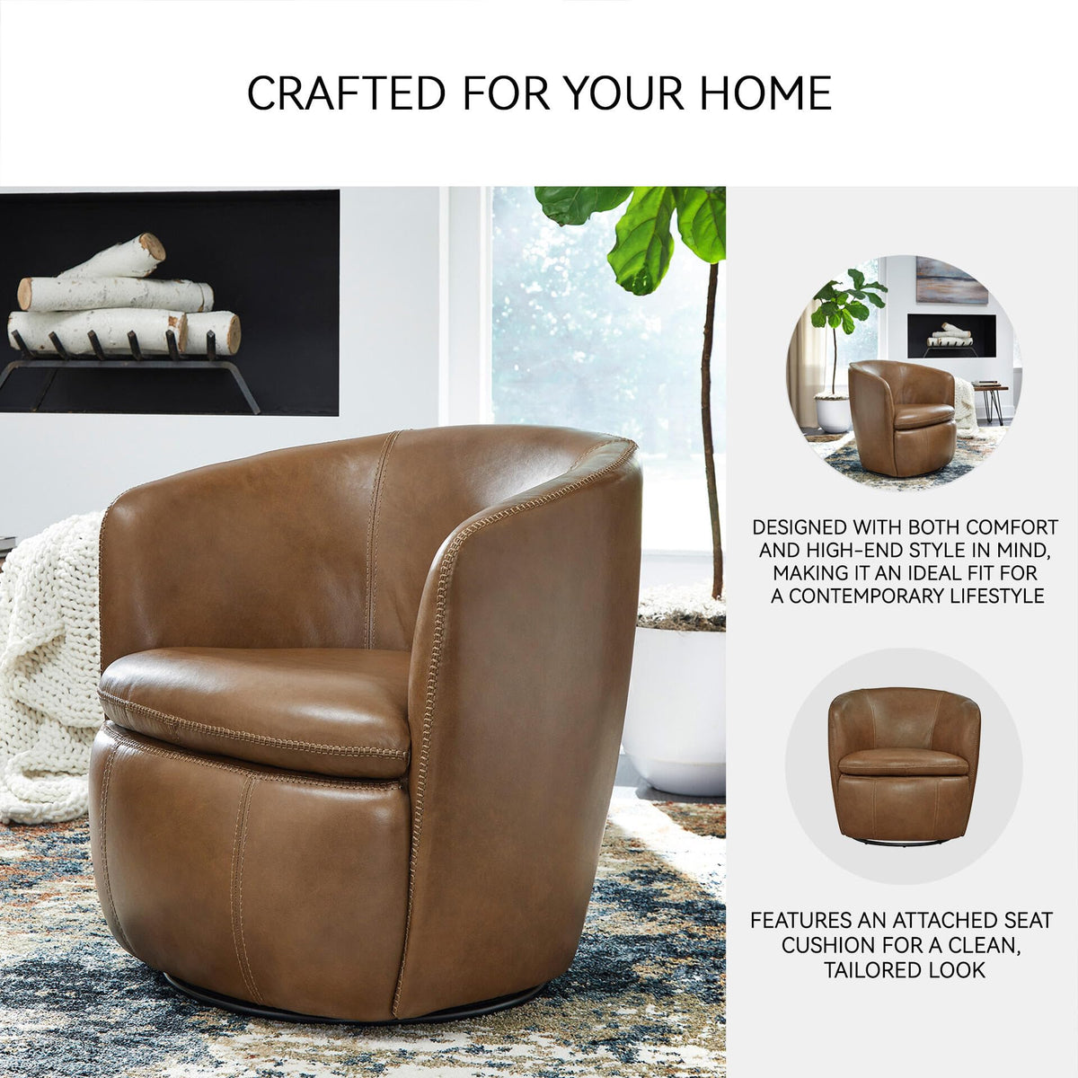 Top Grain Leather Swivel Barrel Chair P398330