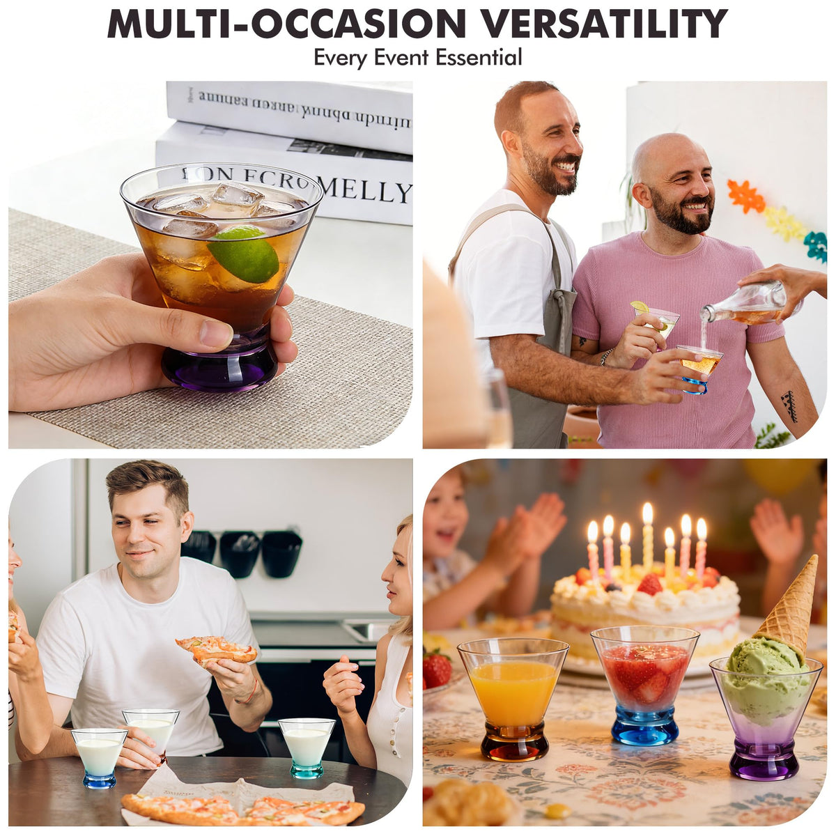 Multi Colored Stemless Martini Glasses Set of 6 R628