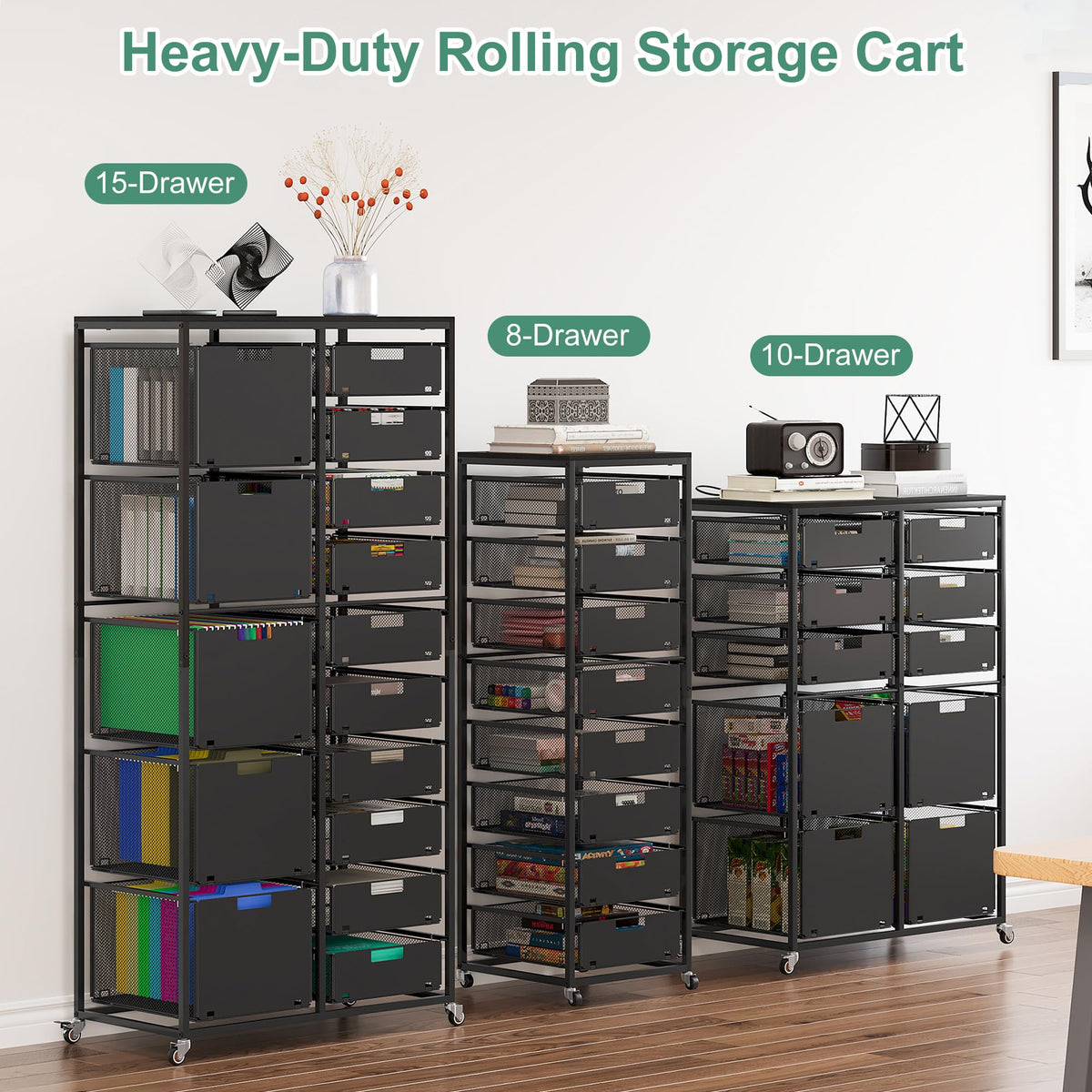 Black 8 Drawer Metal Rolling Storage Cart with Wood Tabletop E5583