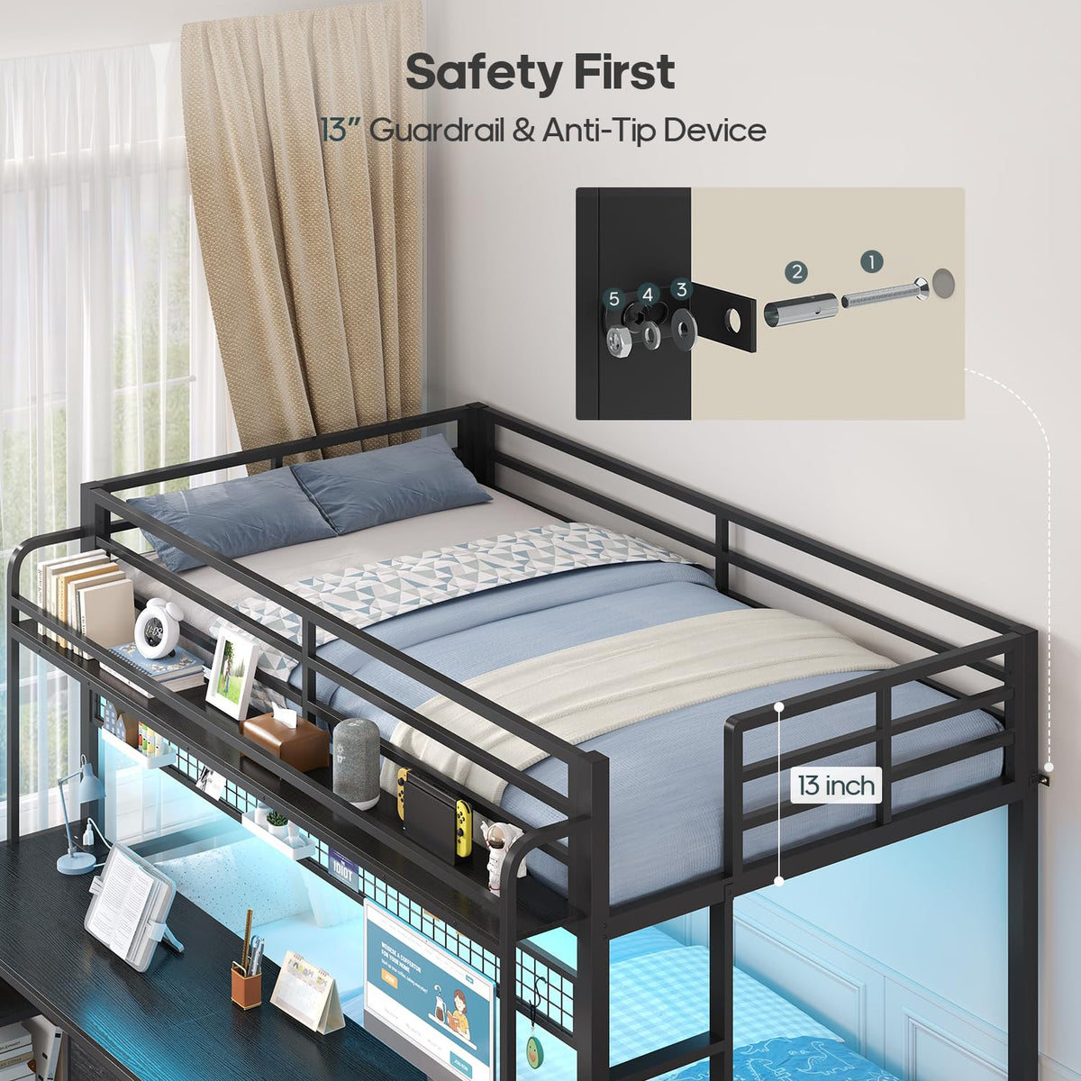 Twin Over Twin Bunk Bed with Desk and LED Lights Q902834