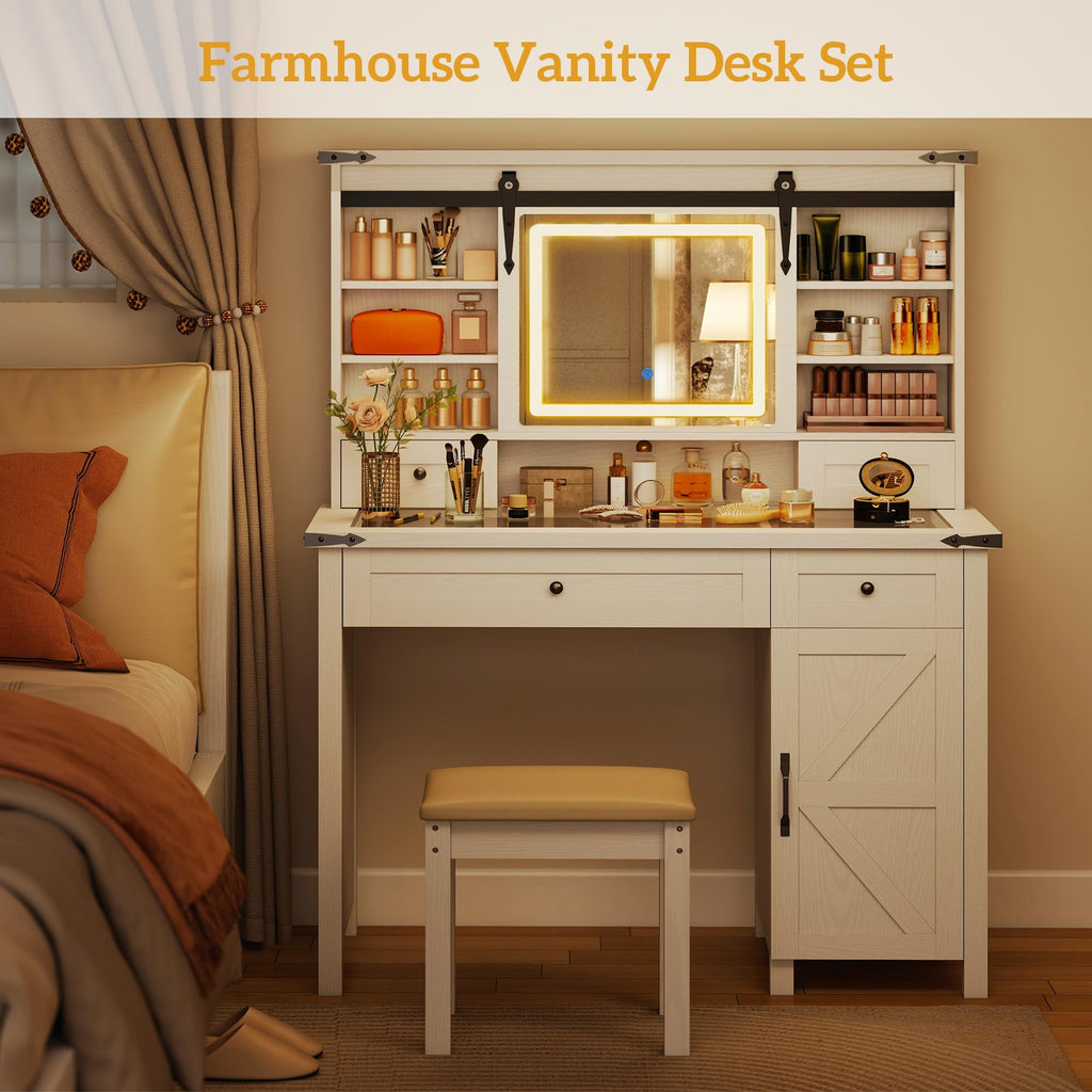 White Vanity Desk with Mirror, LED Lights, Stool J175