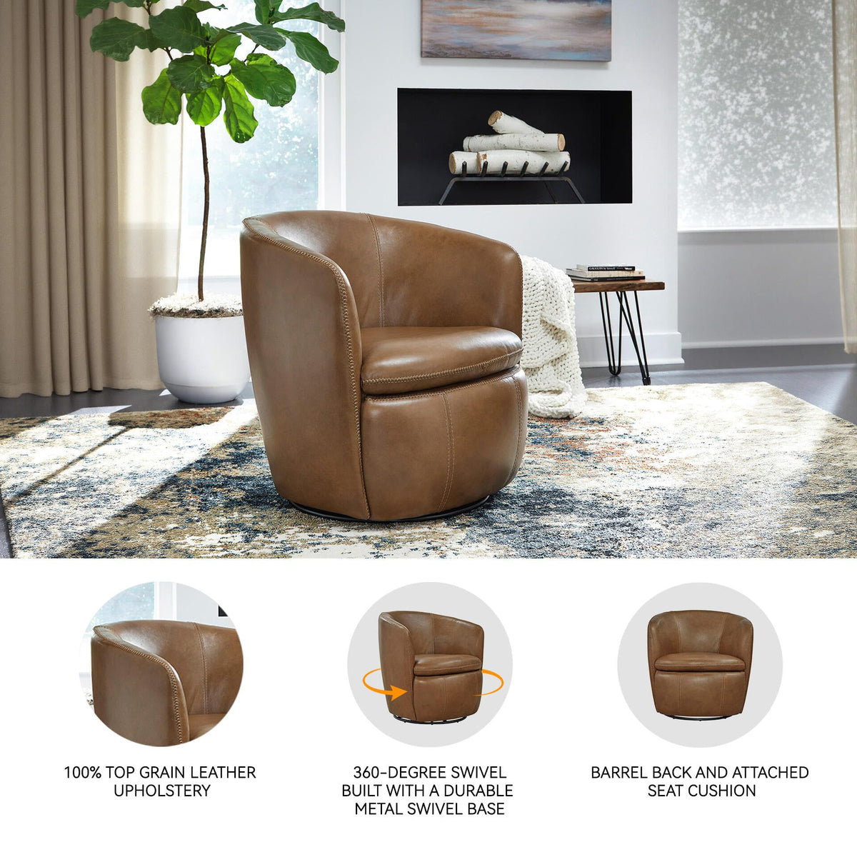 Top Grain Leather Swivel Barrel Chair P398330