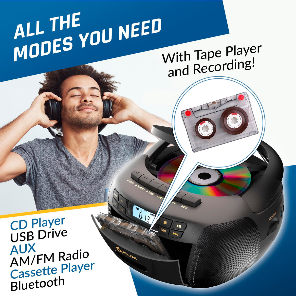 Black CD Cassette Player Boombox with Bluetooth and AM FM Radio H7056