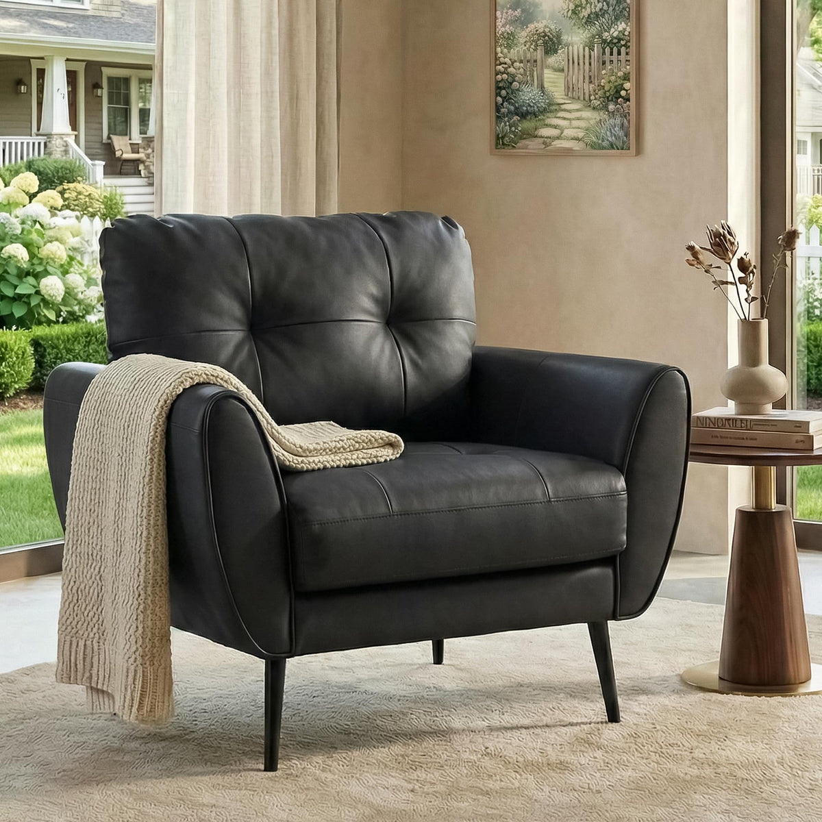 Black Leather Tufted Accent Chair U805