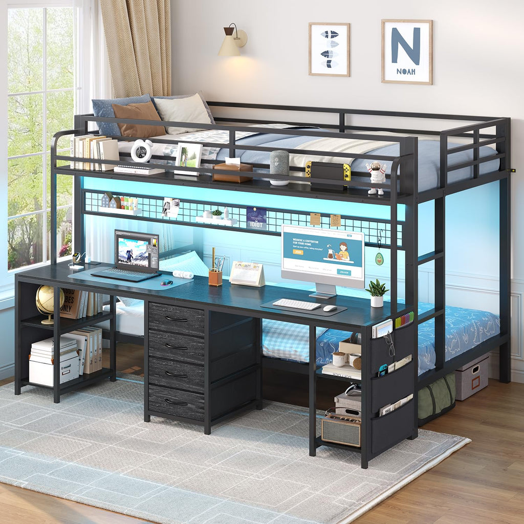Twin Over Twin Bunk Bed with Desk and LED Lights Q902834