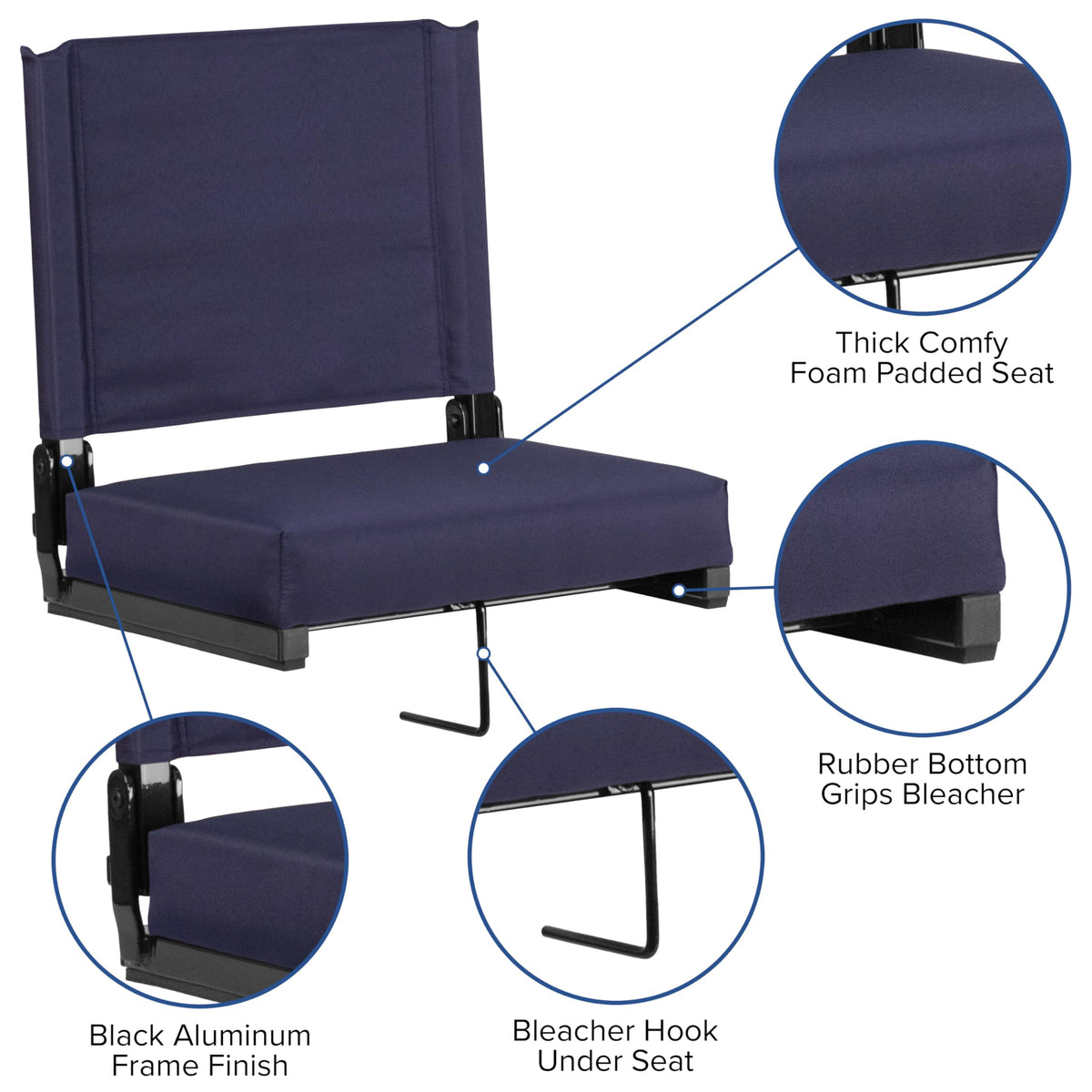 Portable Folding Padded Stadium Chair with Carrying Handle, Navy L8202