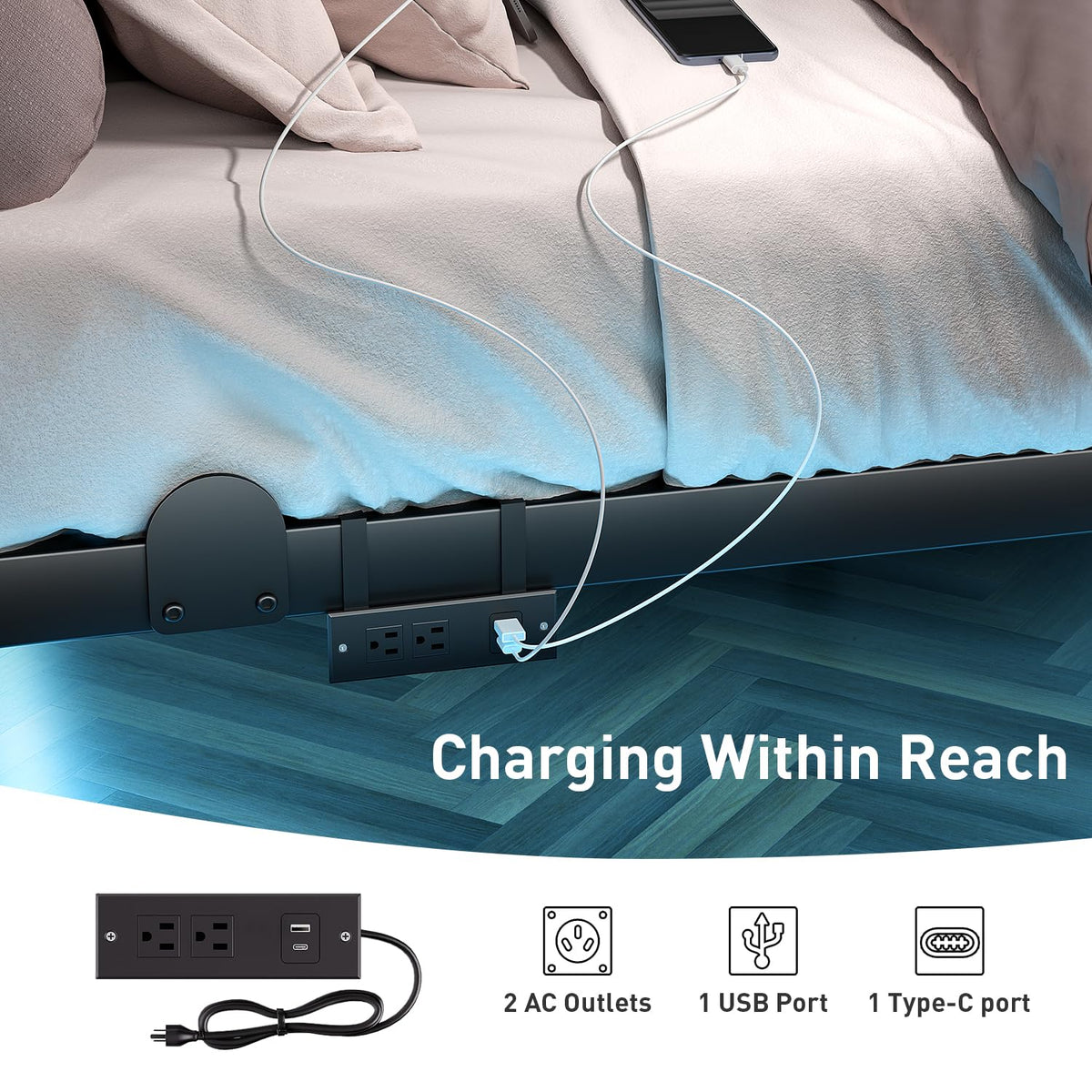 14 Inch Full Bed Frame with LED Lights and Charging Station D16550