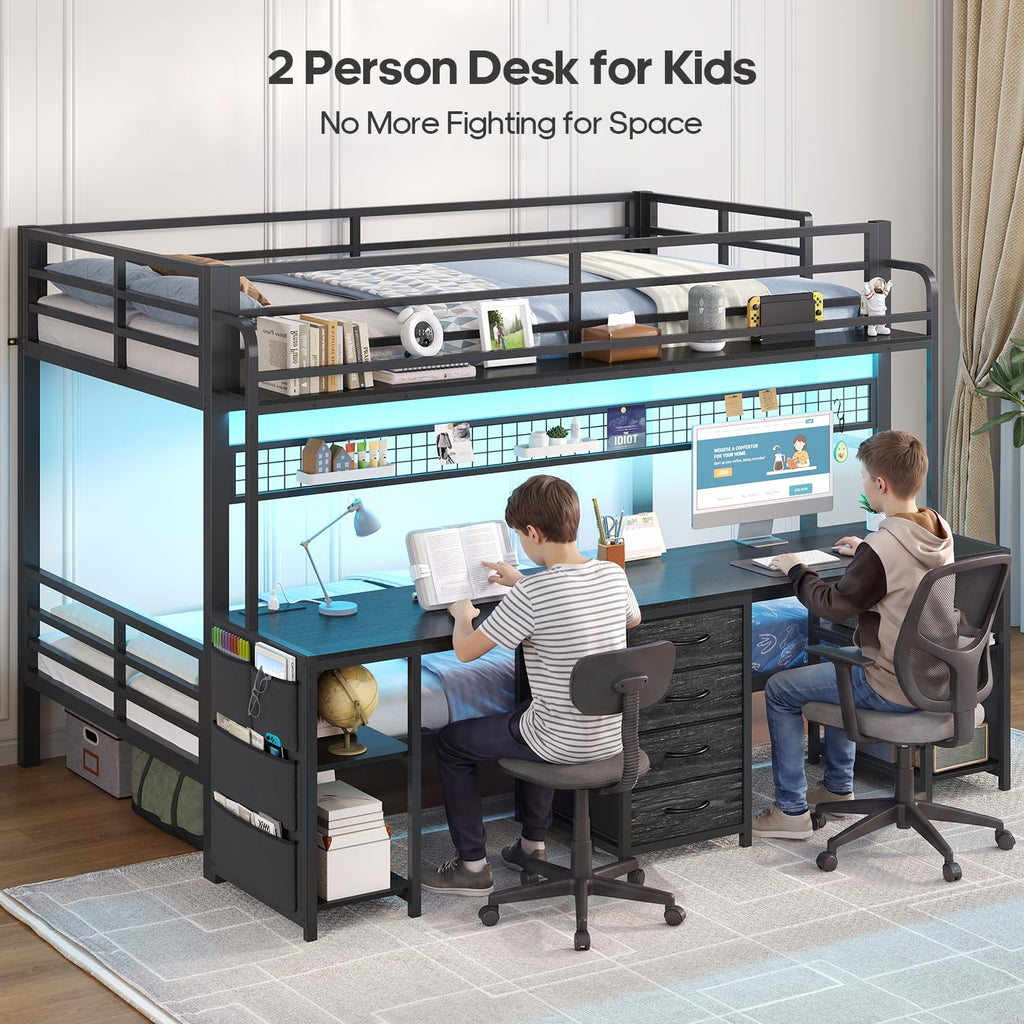 Twin Over Twin Bunk Bed with Desk and LED Lights Q902834