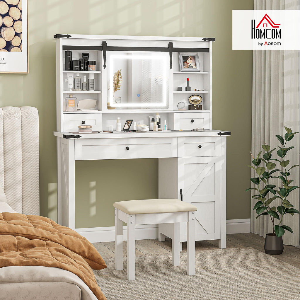 White Vanity Desk with Mirror, LED Lights, Stool J175