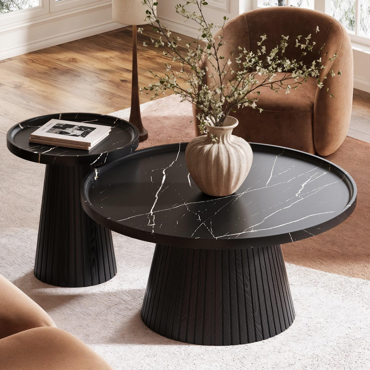 Black Marble Veneer Nesting Coffee Table Set of 2 K3316
