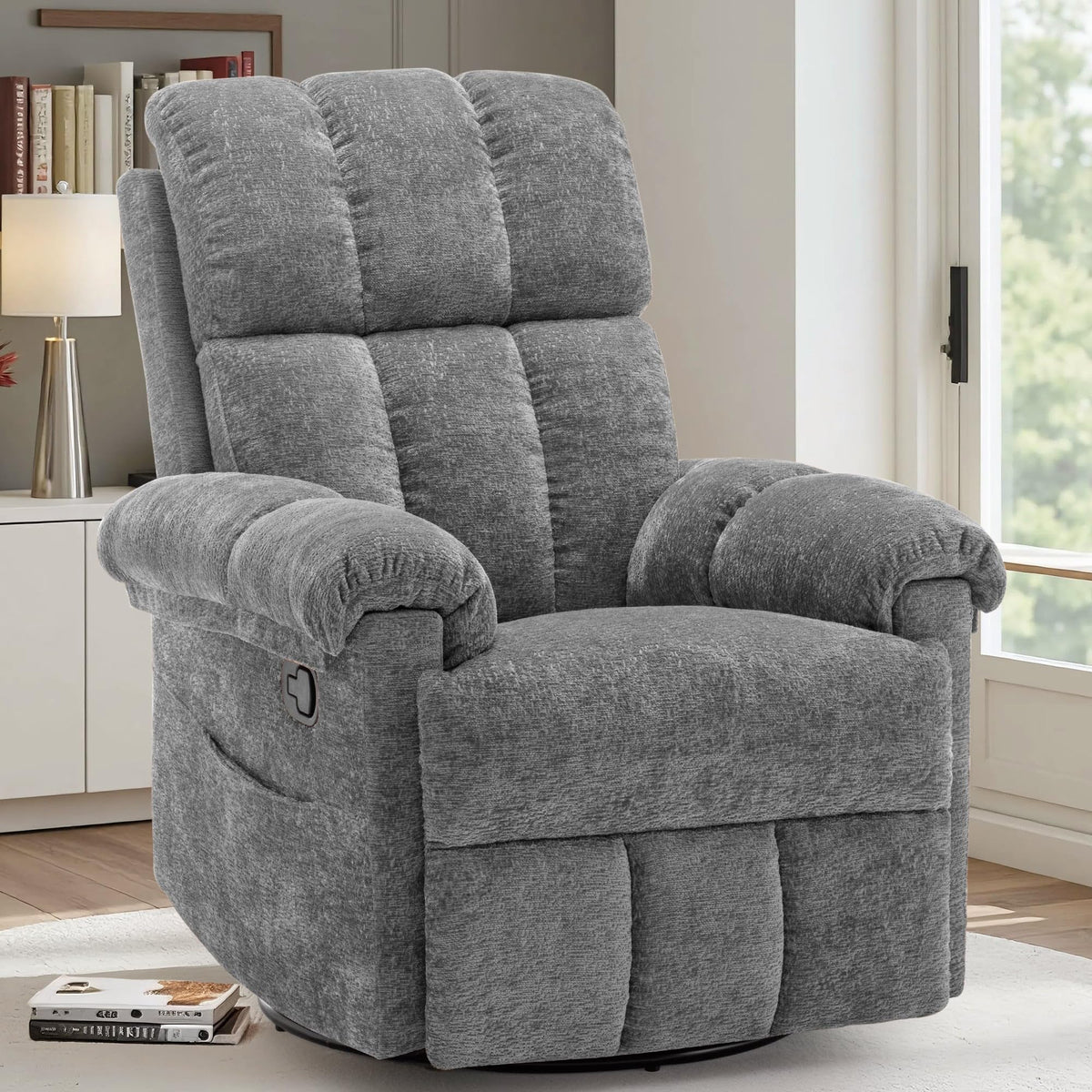 Grey Chenille Swivel Rocker Recliner Chair Z19009