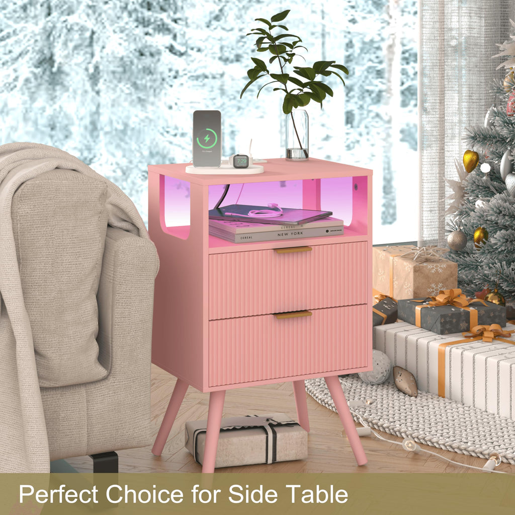 Pink Nightstand with Charging Station and LED Lights H364361
