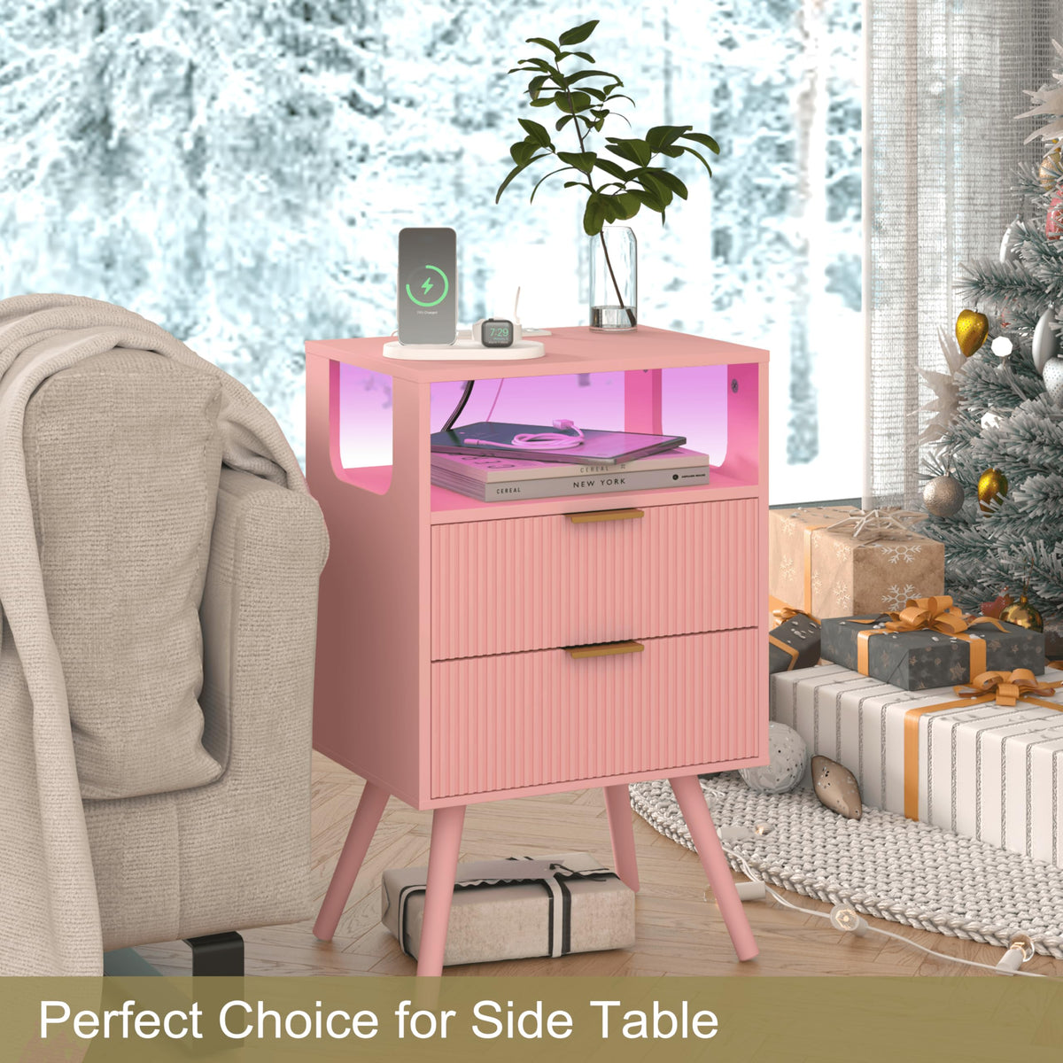Pink Nightstand with Charging Station and LED Lights H364361